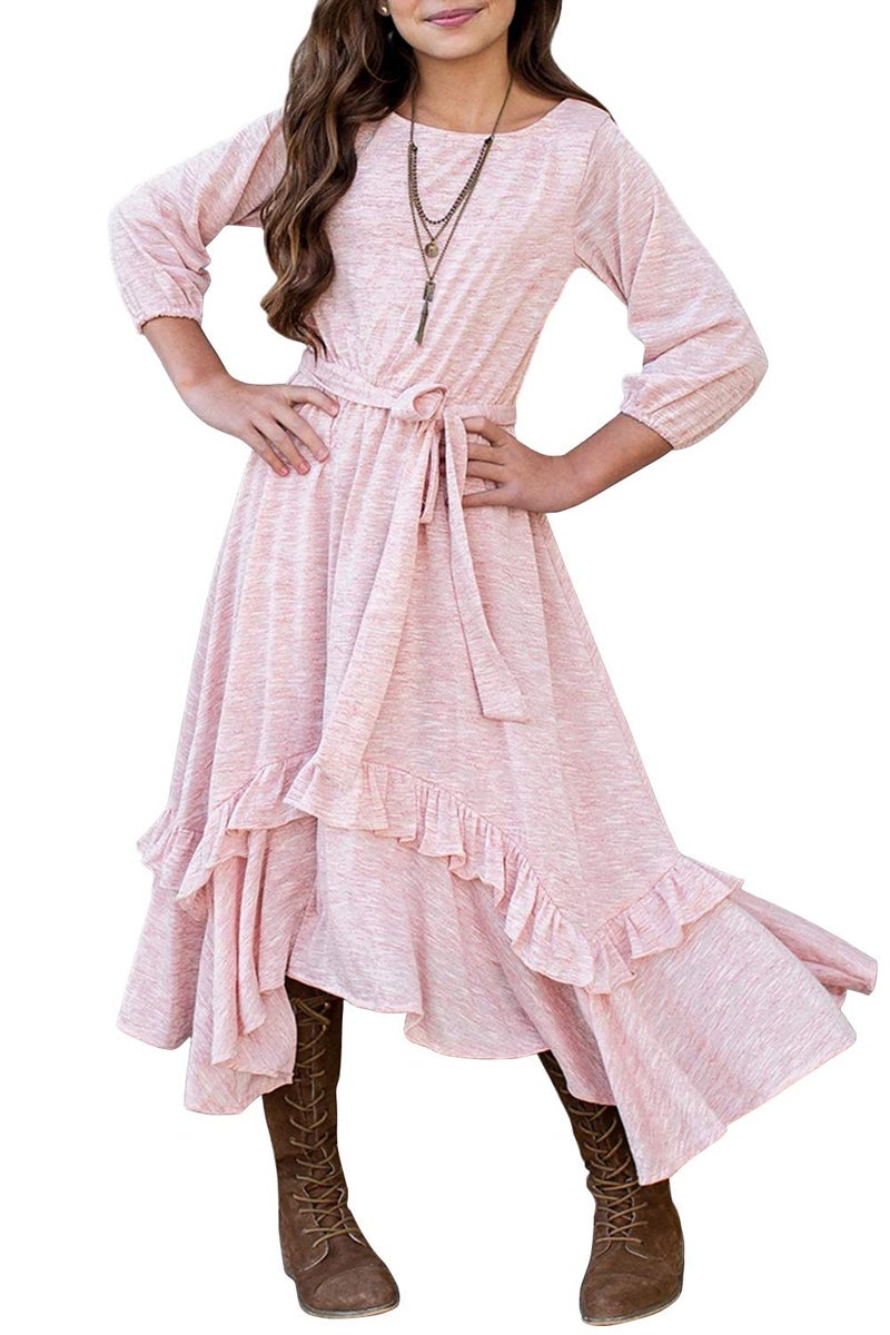 MITILLY Girls Loose Plain 3/4 Sleeve Casual Pocket Ruffle Swing Long Maxi Dress with Belt 12 Years Pink - Image 1